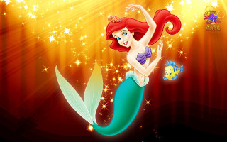 Cartoon mermaid tiara fish hand - a red curtain free wallpaper