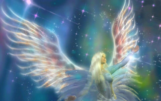 White winged woman blue dress - radiant free wallpaper