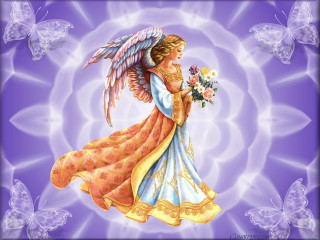 Woman bouquet flowers butterfly purple - a painting of a woman free wallpaper