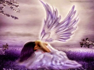 Woman purple flowers wings outstretched - a tree in the background free wallpaper