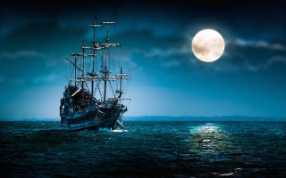 Ship ocean full moon sailing - dark atmosphere free wallpaper