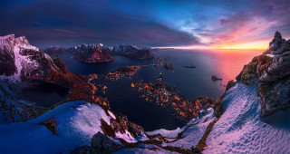 Mountain lake town sunset dawn - a view of a mountain free wallpaper