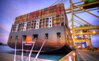 Cargo ship docked crane cloudy - nearby free wallpaper