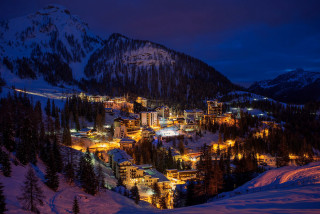 Snowy mountain town lit night - a snowy mountain free wallpaper