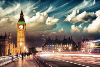 Clock tower city night cloudy 2 - a long exposure of light free wallpaper