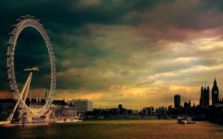 Ferris wheel river cloudy sky 4 - a city skyline in the background free wallpaper