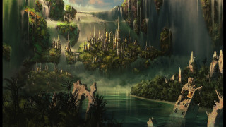 Fantasy landscape waterfall castle boat 3 - christophe vacher free wallpaper