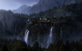 Castle cliff waterfall night lights - a waterfall in the background free wallpaper