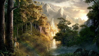 Forest waterfall castle rainbow painting - christophe vacher free wallpaper