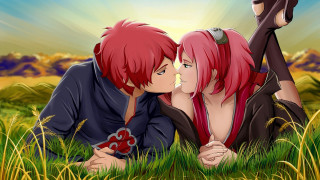 Couple lying grass horse sky - cloud and sun free wallpaper
