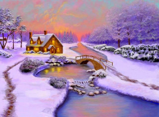 Snowy scene house stream bridge - a fine art painting free wallpaper