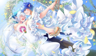 Woman white dress flying flowers - elysium free wallpaper