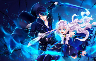 Anime characters swords pose blue - a picture together in front free wallpaper