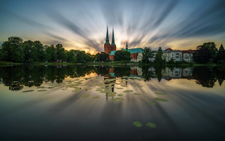 Lake church clouds reflection water - a matte painting free wallpaper