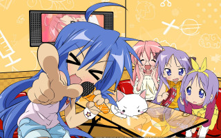 Anime girls table cat lap - a group of anime girls sitting free wallpaper