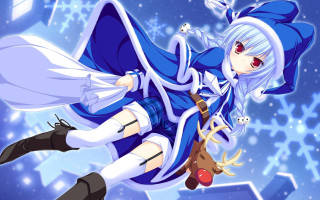 Anime girl flying reindeer snowman - her shoulder free wallpaper for desktop