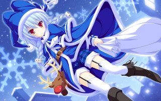 Anime girl flying snowman deer - official art free wallpaper for desktop