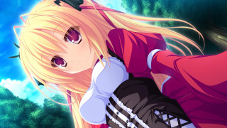 Blonde girl red shirt blue 2 - a blue sky free wallpaper
