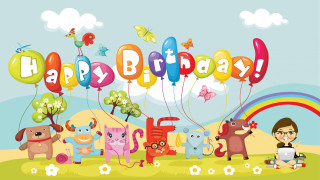 Cartoon birthday card animals balloons - a girl free wallpaper