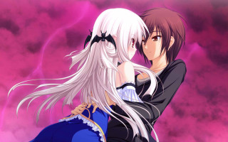 Anime couple hugging pink sky - a pink sky free wallpaper