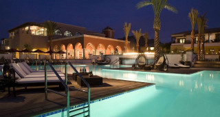 Pool lounge chairs palm trees 3 - luxury free wallpaper