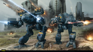 Robots fighting city fire smoke - their body free wallpaper