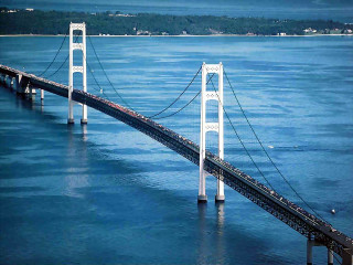 Long bridge water town background - over a large body of water free wallpaper