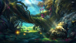 Fantasy forest people walking trees - fantasy concept art free wallpaper