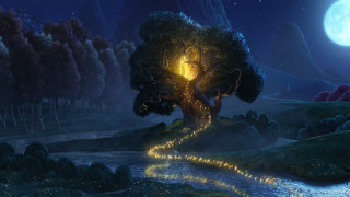 Tree light river night painting - the end of it free wallpaper