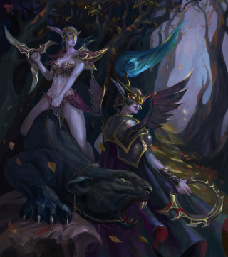 Women costumes forest trees rocks - league of legends concept art free wallpaper
