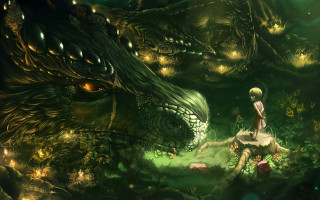 Woman dragon rock forest lights - dragon art free wallpaper