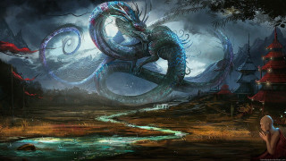 Dragon flying river fantasy landscape - dragon art free wallpaper