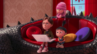 Cartoon boy girl couch laptop - institutional free wallpaper