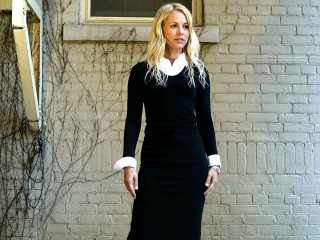 Woman black dress brick wall 2 - contemporary fashion free wallpaper
