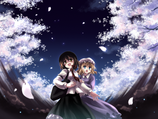 Anime characters hugging snow tree - full free wallpaper