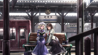 Anime girls bench train station - a book together free wallpaper