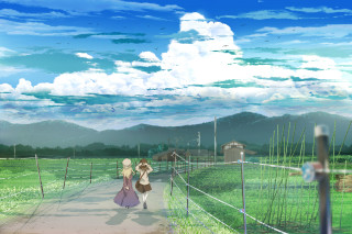 Woman walking path field sky - a path in a field free wallpaper