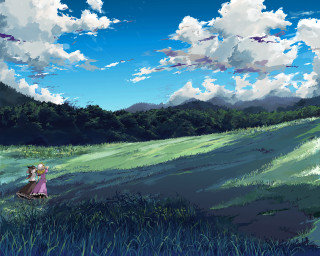 Woman field sky background clouds - a long dress free wallpaper