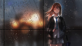 Woman window raindrops building light - graffiti free wallpaper