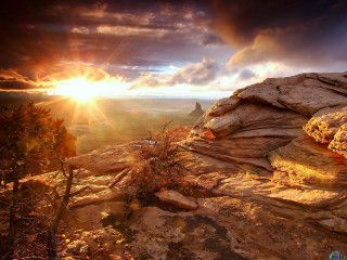 Sunset rocky mountain tree cloudy - a matte painting free wallpaper