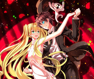 Anime couple red background cats - a manga drawing free wallpaper for desktop
