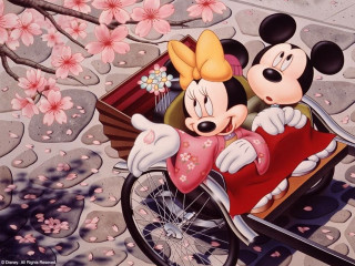 Mickey minnie bicycle cherry blossoms - cherry blossom free wallpaper