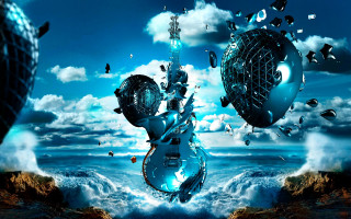 Surreal guitar sky clouds water - surreal free wallpaper