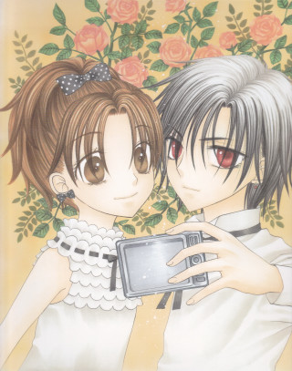 Anime couple camera roses yellow - a yellow background behind them free wallpaper