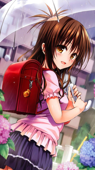Girl backpack umbrella rain cellphone - a girl free wallpaper