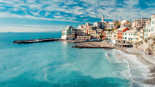 Beach buildings water pier scenery - a matte painting free wallpaper