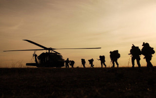 Soldiers walking helicopter sunset background 2 - serial art free wallpaper