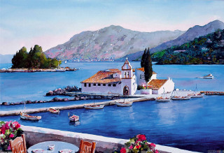 Island church boats water mountains - the water and mountains free wallpaper