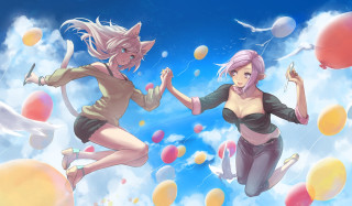 Women flying balloons sky clouds - the background and a sky full free wallpaper