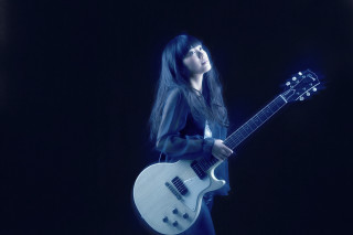 Woman longhair whiteguitar sky black - long hair holding free wallpaper